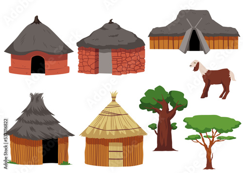 Tableau sur toile Set of different African huts flat style, vector illustration