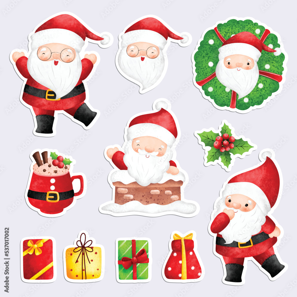 Watercolor illustration printable Christmas stickers