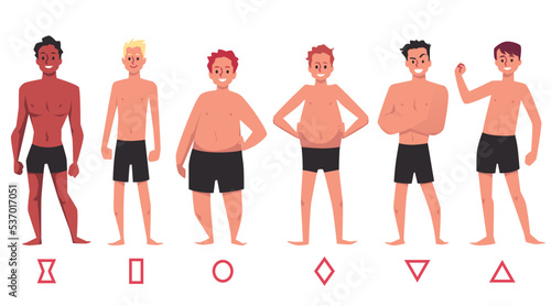 Human body and male figures types set flat vector illustration isolated.