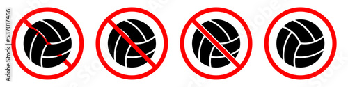 Volleyball ban sign. Volleyball is forbidden. Set of red prohibition signs of ball. Vector illustration