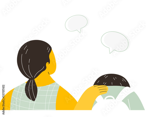 Mother talk to her son and understanding him about his sad emotion or anxious, mental health children concept, flat vector illustration.