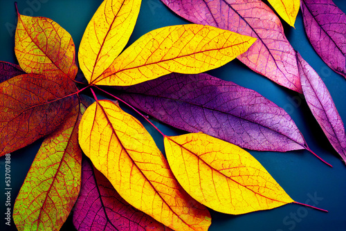 Colorful autumn seasonal leaves with blue background. 3D illustration