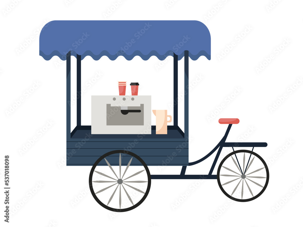 Cute coffee trolley bike for selling take away drinks. Isolated on white background vector illustration