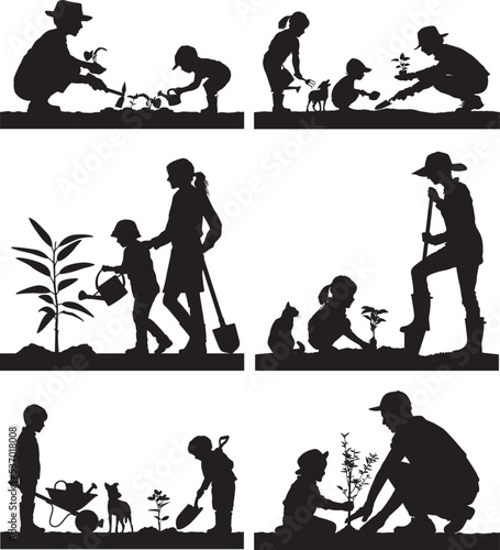 Man woman children planting tree vector silhouette collection