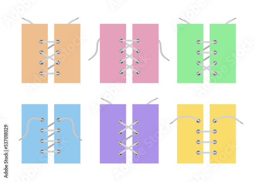 Boots lacing on pieces of leather set of realistic vector illustration isolated.