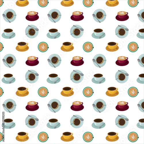 seamless pattern of colorful coffee cups on a white background. For wrapping paper, wallpaper, screensavers