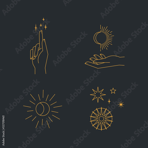 Aesthetic hands and cosmic and celestial elements. Universal cosmos related icons. Linear vector illustrations. Magic and Witchcraft symbology.