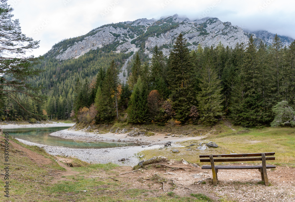 Bench to relax in front of the Green Lake in St. Katharein Tragöß, Styria, Austria