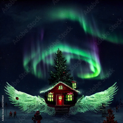 A Christmas story of pine trees, decorations, falling snow, with a sprinkling of fractals and northern lights photo