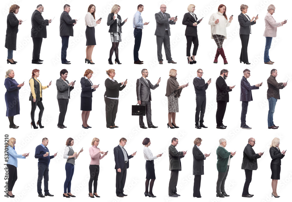 group of people profile holding phone in hand isolated group of people profile holding phone in hand isolated