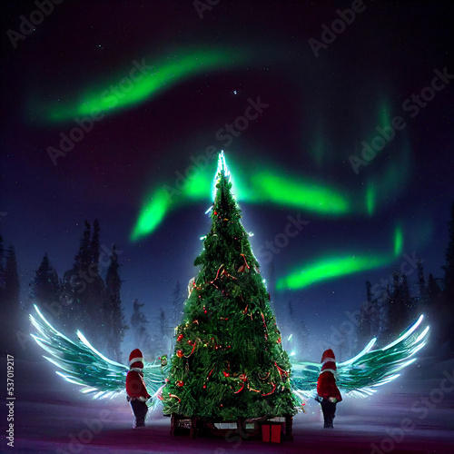 A Christmas story of pine trees, decorations, falling snow, with a sprinkling of fractals and northern lights photo