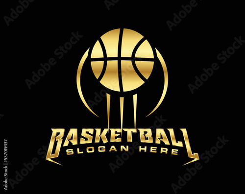 creative basketball logo in gold color with black background, sports icon, vector emblem and illustration.