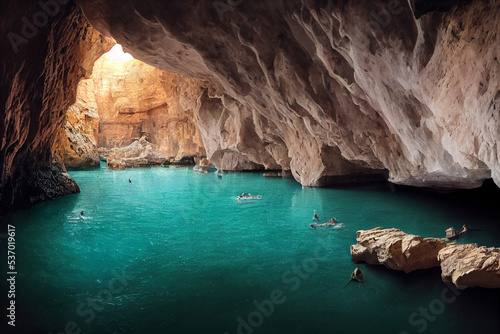 Beautiful view of a cave with exotic rocks walls clean water. 3D rendering