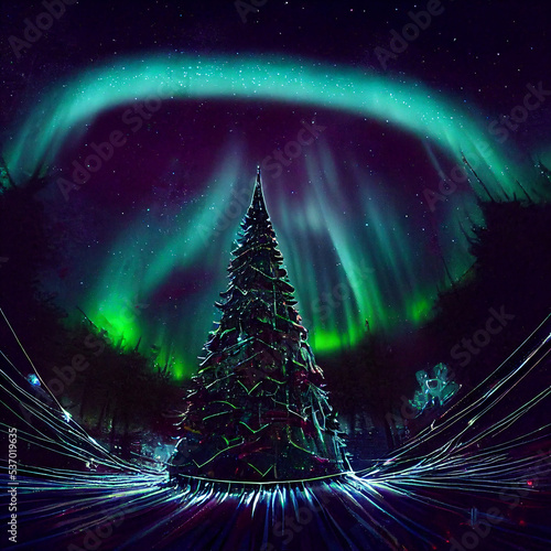 A Christmas story of pine trees, decorations, falling snow, with a sprinkling of fractals and northern lights photo