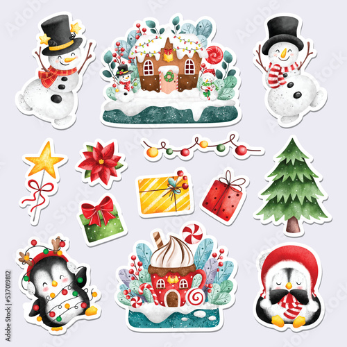 Watercolor illustration printable Christmas stickers