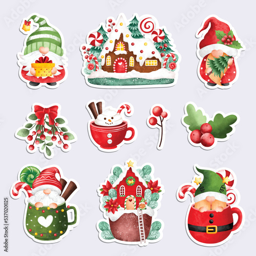 Watercolor illustration printable Christmas stickers