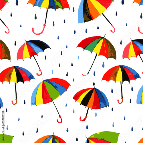 Seamless pattern with umbrellas and raindrops. Scandinavian-style background. Decorative wallpaper or pack paper, good for printing. Vector illustration