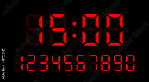 Time 15 00 hours. Vector set of electronic digits numbers font from a clock and a countdown timer. Red watch and calculator display symbols