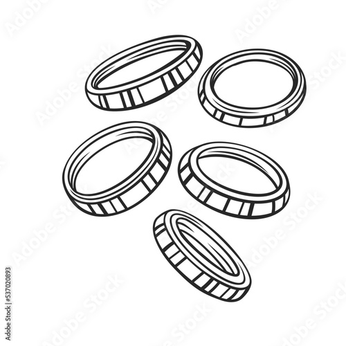 Outline flying or falling onion rings vector illustration.
