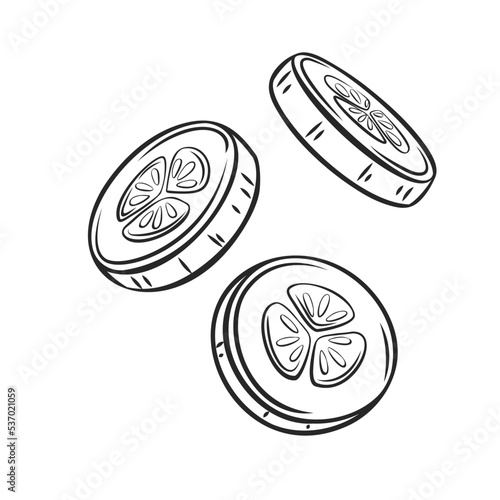Outline falling cucumber slice vector illustration.