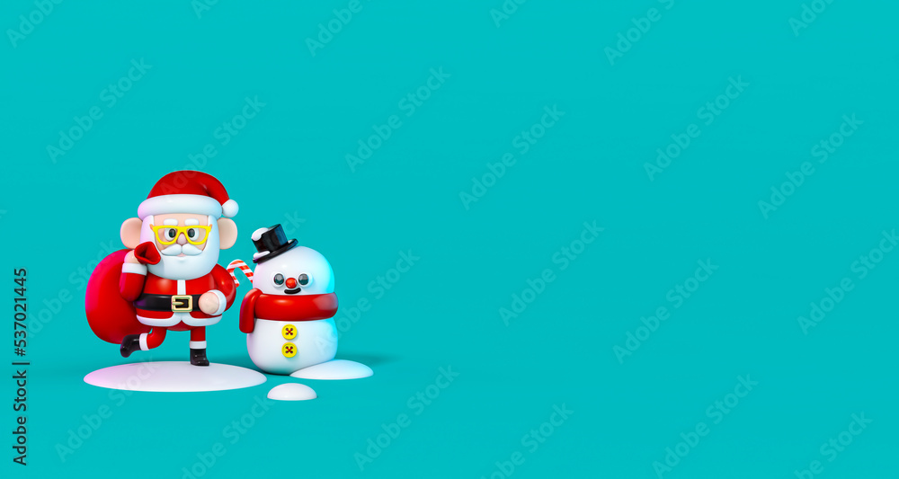 Santa Claus carrying giant red bag with snowman 3D cartoon character standing on the snow on mint background 3d rendering. 3d illustration celebration christmas and cute new year festive design.