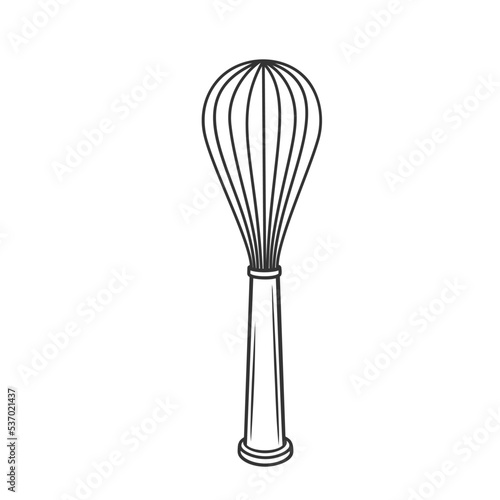 Whisk outline icon vector illustration. Black line bakers tool to whip cream or egg in bowl for cake, mix dough for baking breakfast pancakes or cook sauce, home kitchen equipment of chef for cooking