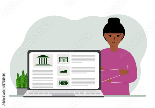 Concept of bill payment, money deposit, bank account management from laptop or computer site. Woman with laptop and bank website.