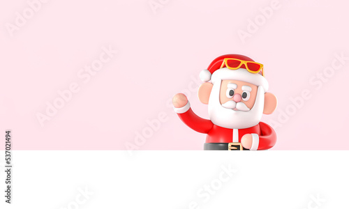 Cute Santa Claus 3D cartoon character standing behind a white background on pastel pink background 3d rendering. 3d illustration celebration christmas and cute new year festive design concept.