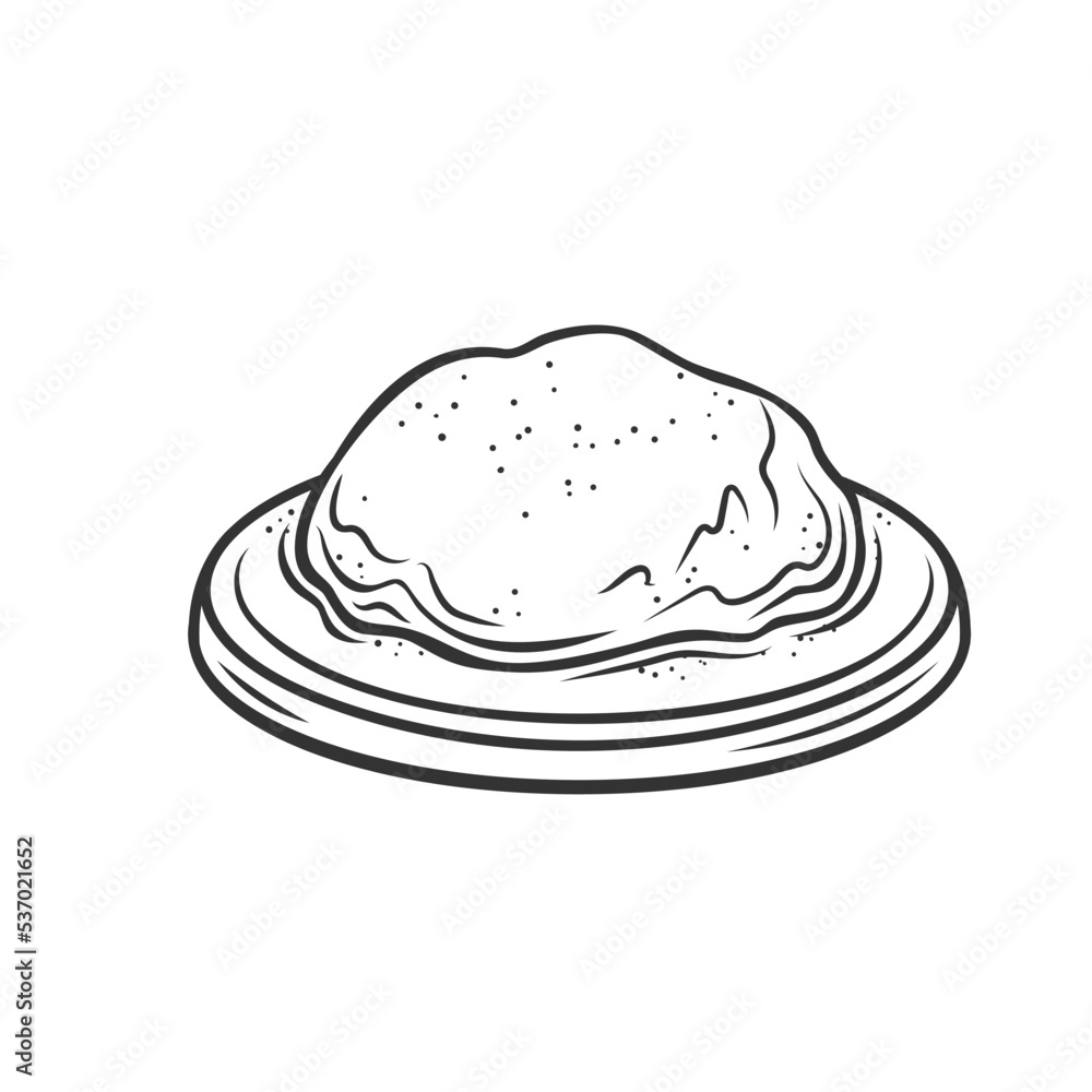 Dough on plate outline icon vector illustration. Line cereals dough on tray to bake gourmet cake, sweet pie or pizza in home or restaurant oven, kitchen process of making bakery products by chef Dough on plate outline icon vector illustration. Line cereals dough on tray to bake gourmet cake, sweet pie or pizza in home or restaurant oven, kitchen process of making bakery products by chef