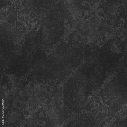 Old black gray grey vintage worn geometric shabby mosaic ornate patchwork motif porcelain stoneware tiles stone concrete cement wall texture background square
