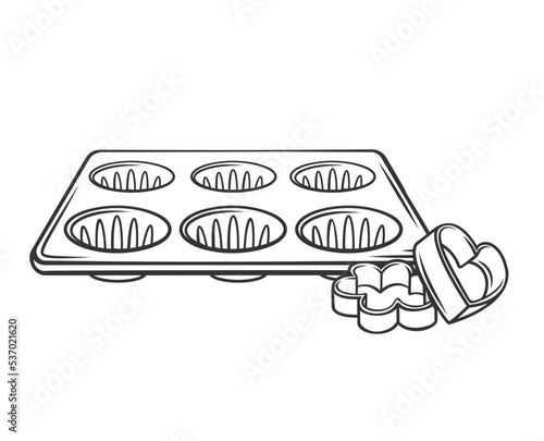 Cake, muffin and biscuit tin outline icon vector illustration. Line pan of circle shape to bake dough of cookie and cupcake in oven, confectionery, hand drawn bakery and home kitchen tool and bakeware