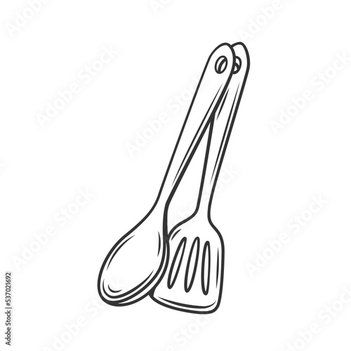 Spatula and spoon for cooking outline icon vector illustration. Line chefs tools to cook in restaurant or home kitchen, pair of cutlery equipment for meals preparation, frying or stewing food