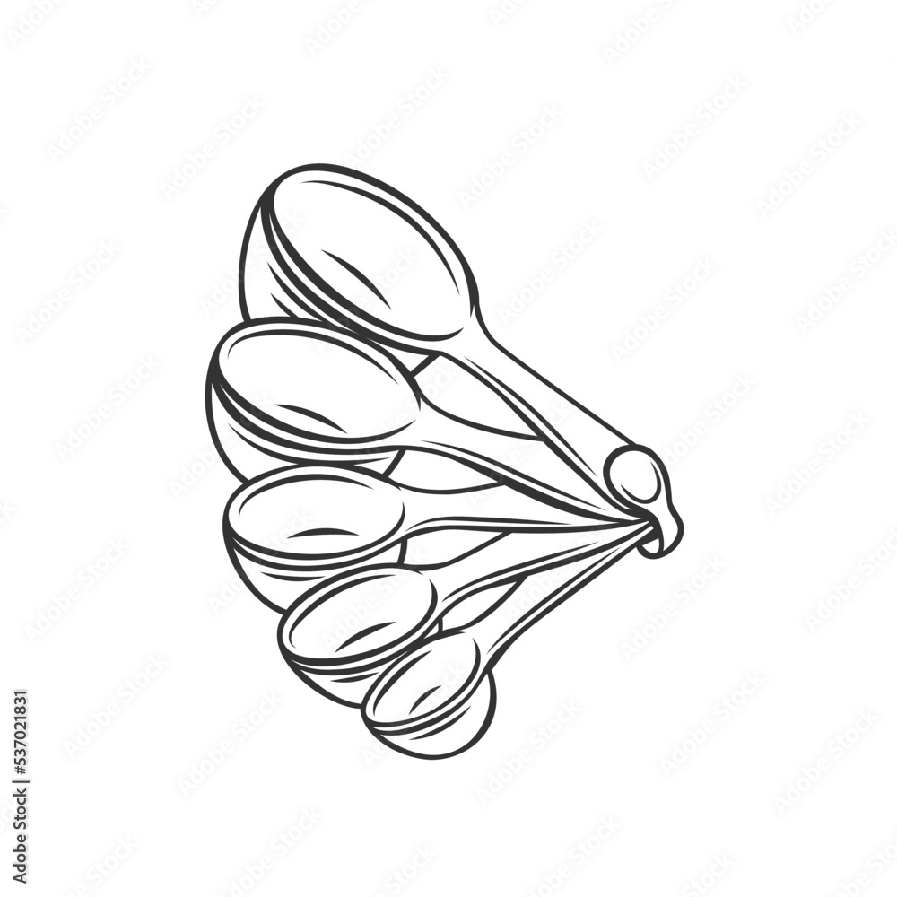 Measuring spoons set outline icon vector illustration. Line scoops measure cup, teaspoon or tablespoon of powder or liquid while cooking, chefs spoons and equipment for food recipe preparation Measuring spoons set outline icon vector illustration. Line scoops measure cup, teaspoon or tablespoon of powder or liquid while cooking, chefs spoons and equipment for food recipe preparation