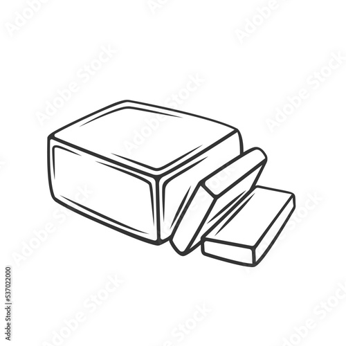 Butter outline icon vector illustration. Black line butter or margarine bar cut with kitchen knife into pieces for cooking or for eating with breakfast toast, food ingredient and farm dairy product