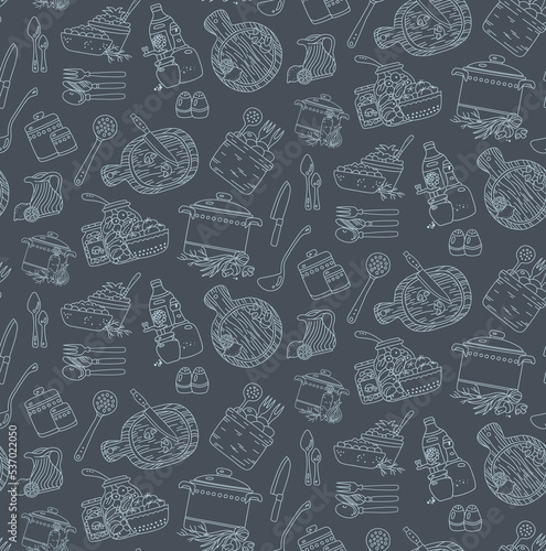 Different food and dishware on gray background seamless pattern