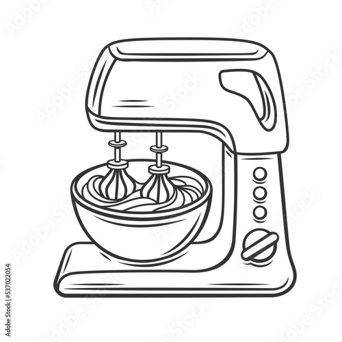 Whisks of mixer whip cream outline icon vector illustration. Black line electric planetary food processor whipping dough, batter or cream to make cake and mix ingredients, household cooking machine