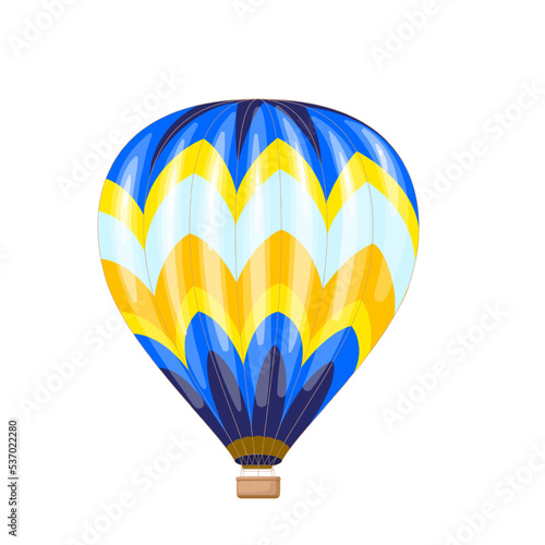 Hot air balloon vector illustration. Cartoon Turkish airship with blue yellow pattern on parachute and carrier basket, creative colorful aerostat balloon for travel in sky and summer adventure