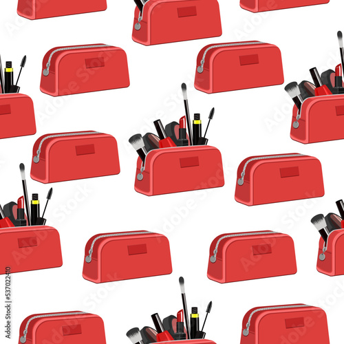 Seamless pattern cosmetic bag with cosmetics on a white background.Vector pattern for tourist designs,cosmetics packaging,textiles,postcards.
