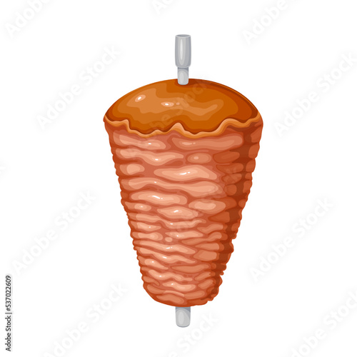 Doner kebab vector illustration. Cartoon isolated grilled meat roll on pole or restaurant skewer for cooking delicious takeaway Turkish shawarma, traditional grill menu and fast food in Turkey