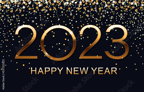 Happy new year 2023 background. Elegant gold text. Holiday greeting card design. Vector illustration.