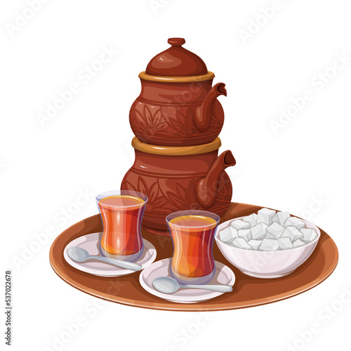 Turkish tea set vector illustration. Cartoon isolated vintage traditional teapot, glass cups with hot drink on plates and spoons, bowl with sugar cubes on table for oriental tea party in Turkey