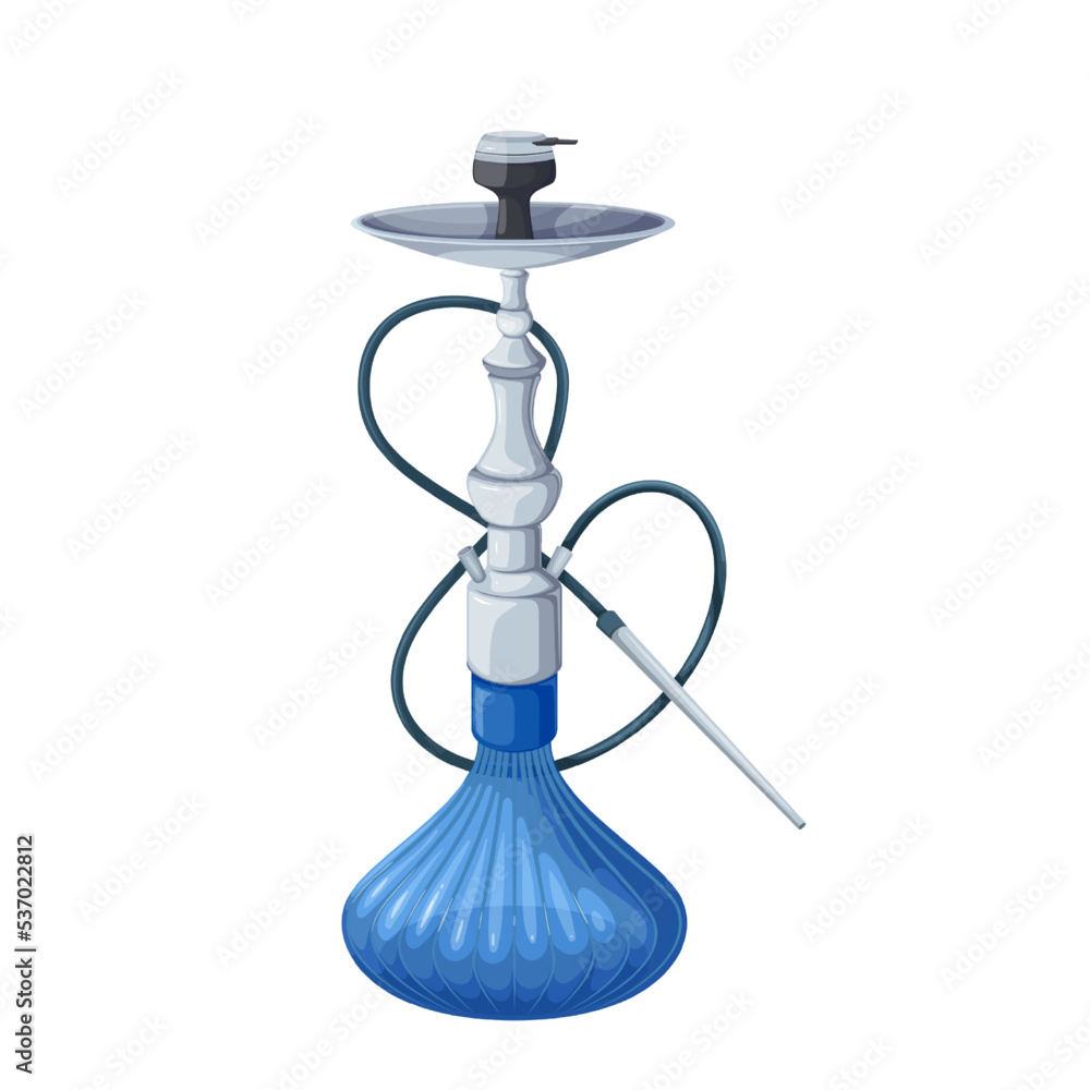 Hookah vector illustration. Cartoon blue hooka calabash with long pipe and glass bowl for water to smoke aroma tobacco, shisha or cannabis, traditional nargile accessory for smoking in lounge bar Hookah vector illustration. Cartoon blue hooka calabash with long pipe and glass bowl for water to smoke aroma tobacco, shisha or cannabis, traditional nargile accessory for smoking in lounge bar