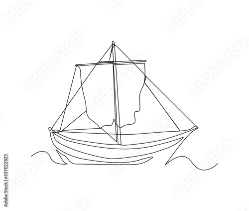 Continuous line art drawing of sail boat. Wooden sailboat single line art drawing vector illustration.