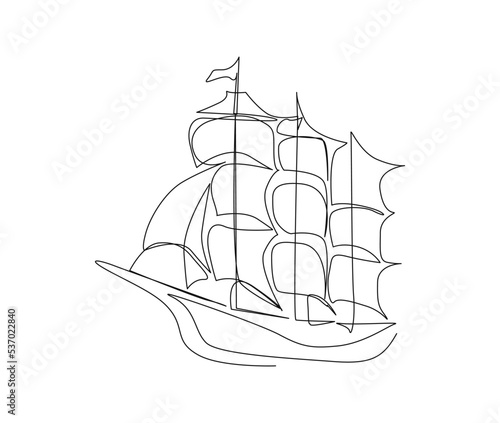 Continuous line art drawing of sail boat. Wooden sailboat single line art drawing vector illustration.