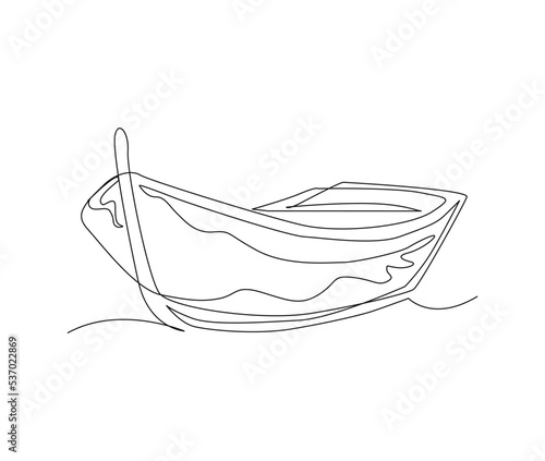 Continuous line art drawing of wooden fishing canoe. Wooden fishing Boat single line art drawing vector illustration.