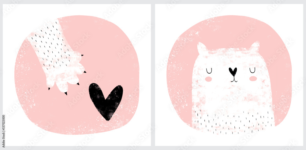 Set of Two Nursery Vector Arts with White Hand Drawn Kitty and Black Heart in a Pink Frame on a White Background. Cute Prints for Cat Lovers.White Cat Paw and Tiny Heart in a Round Frame.Dreamy Kitty.
