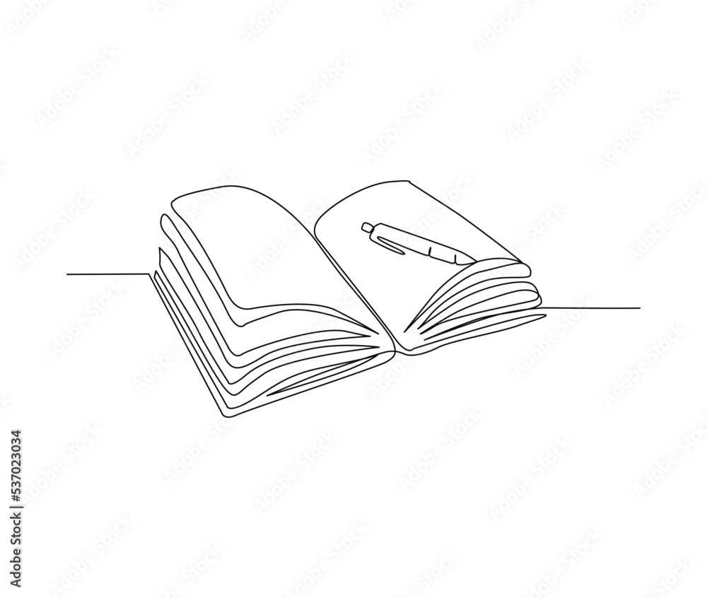 Continuous line art drawing of book and pen or pencil. Opened book