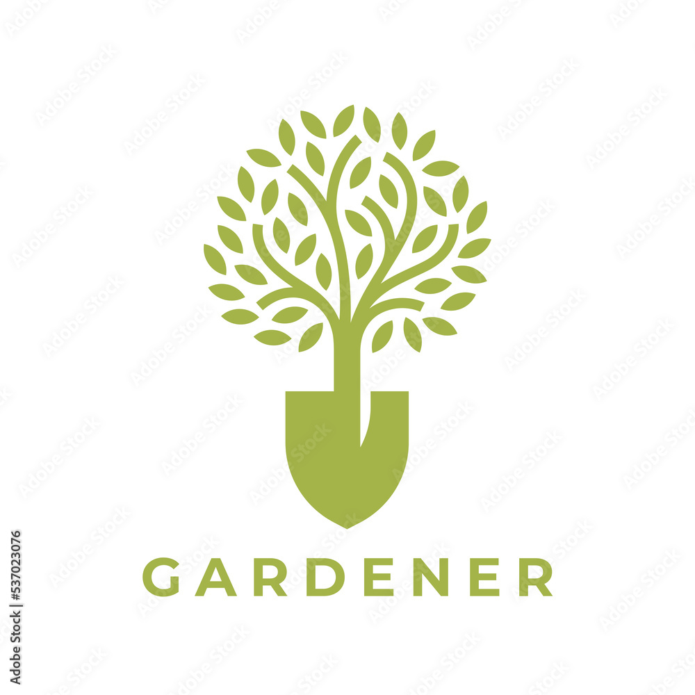 Concept tree shovel logo. Landscape gardener icon. Garden spade plant