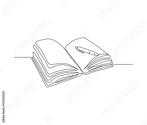 Continuous line art drawing of book and pen or pencil. Opened book single line art drawing vector illustration.