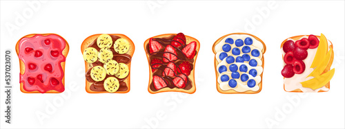 Sweet toasts with different toppings set vector illustration. Cartoon isolated slices of toasted bread with chocolate sauce, sugar jam or fresh fruit and berry, top view of sandwiches for kids